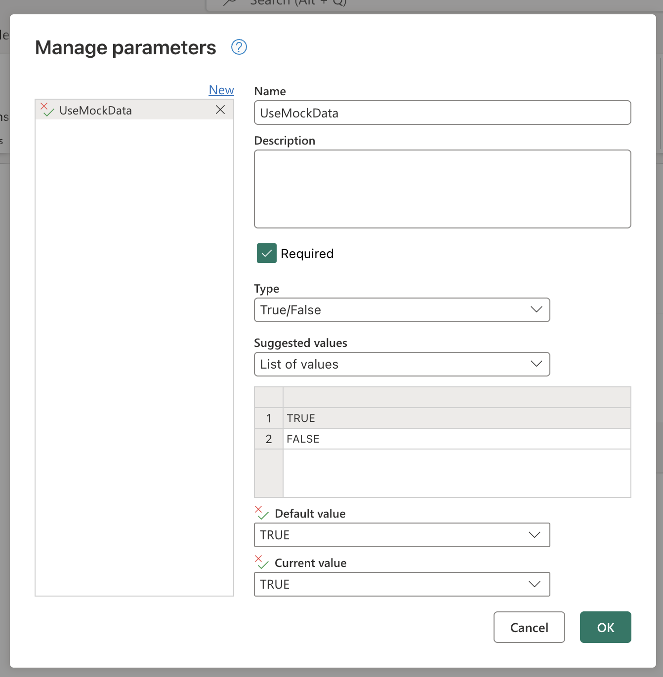 Screenshot of the newly created UseMockData parameter