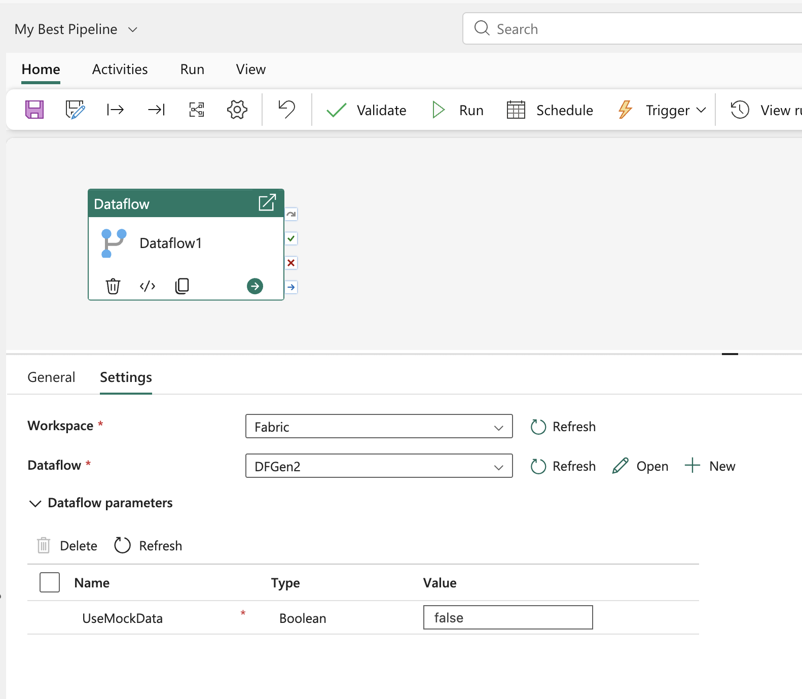 Screenshot of Dataflow activity in pipeline where you pass false to the UseMockData parameter